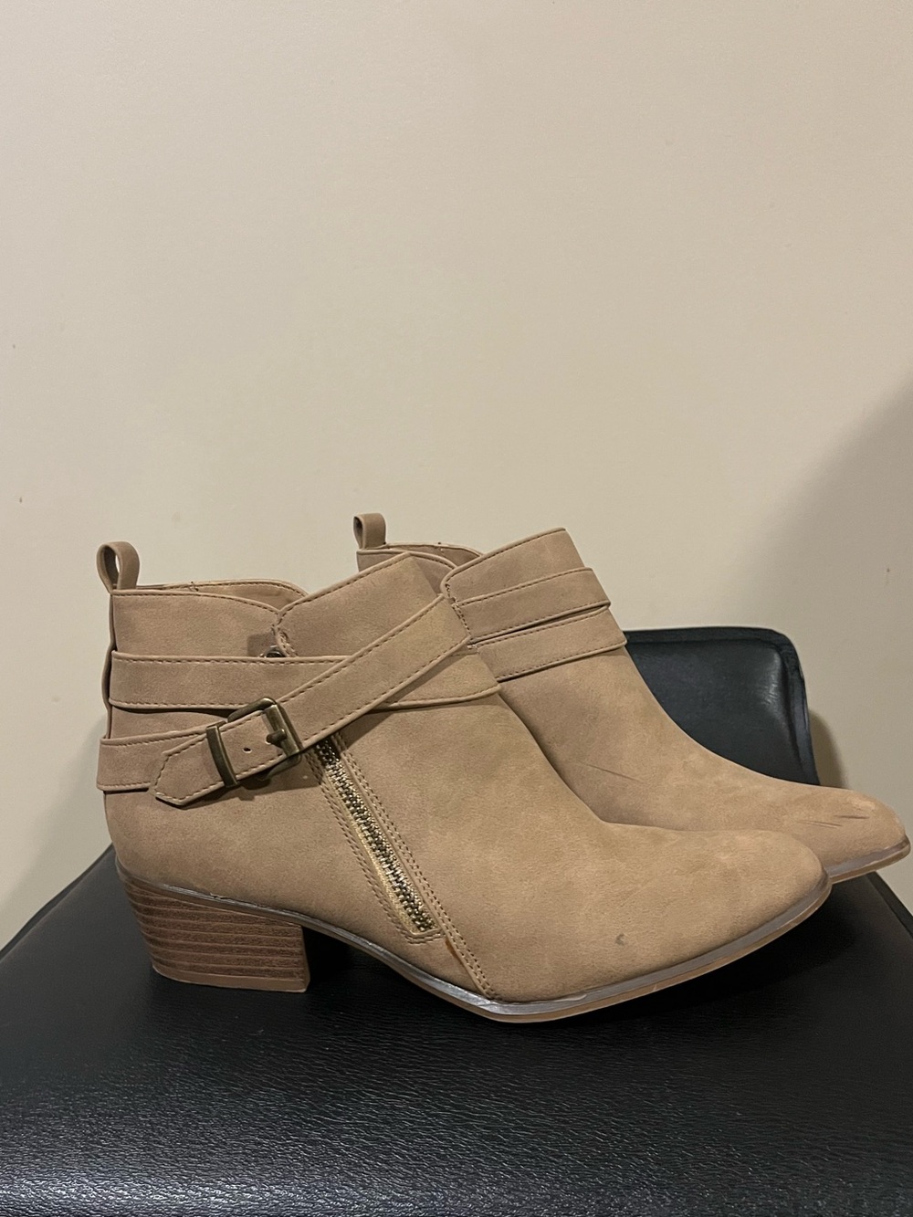 Suede Ankle Booties with Buckle Strap - Tan
